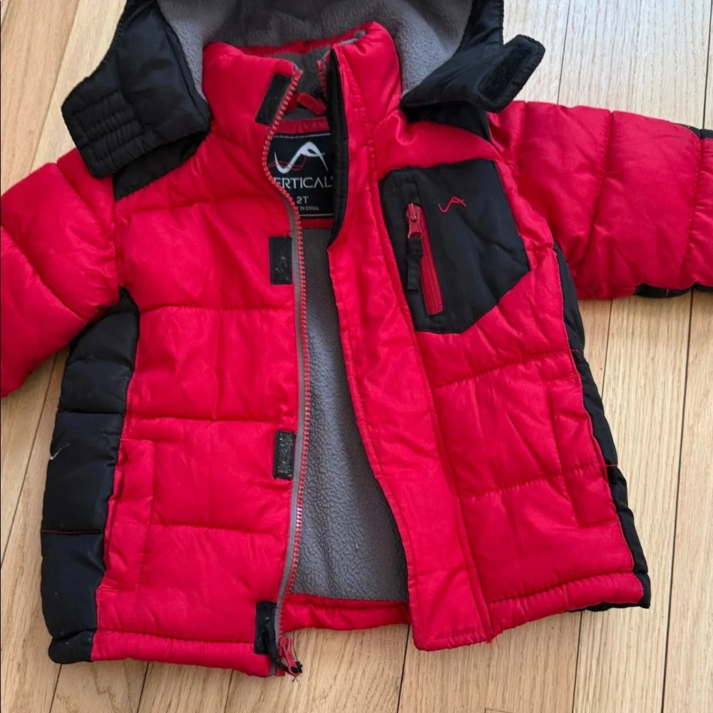 Vertical ‘9 Toddler Red and Black Hooded Fleeced Lined Puffer Jacket with Logo